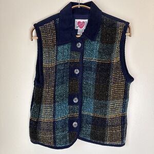 Vintage Keren Hart Quilted Vest Corduroy Plaid Blue Button Down Size S Preppy